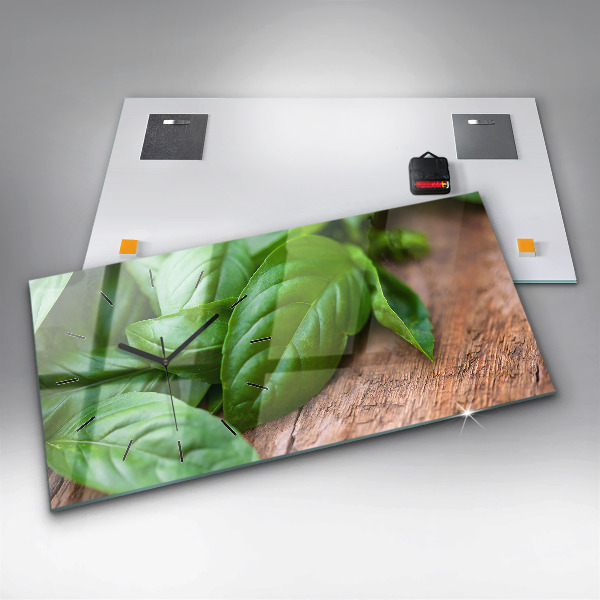 Horizontální skleněné hodiny na stěnu Listy bazalky