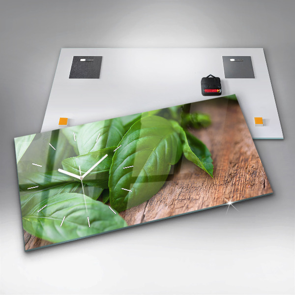 Horizontální skleněné hodiny na stěnu Listy bazalky