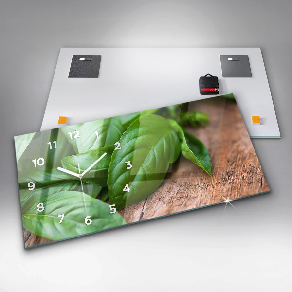 Horizontální skleněné hodiny na stěnu Listy bazalky