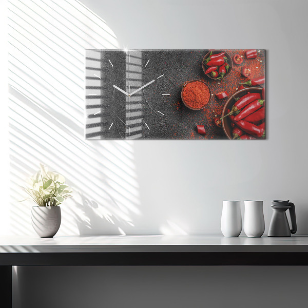 Horizontální skleněné hodiny na stěnu Červené papriky