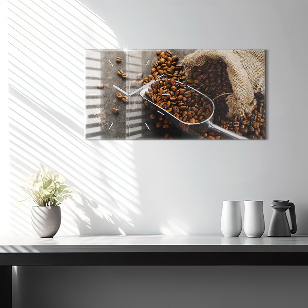 Horizontální skleněné hodiny na stěnu Pytel kávových zrn