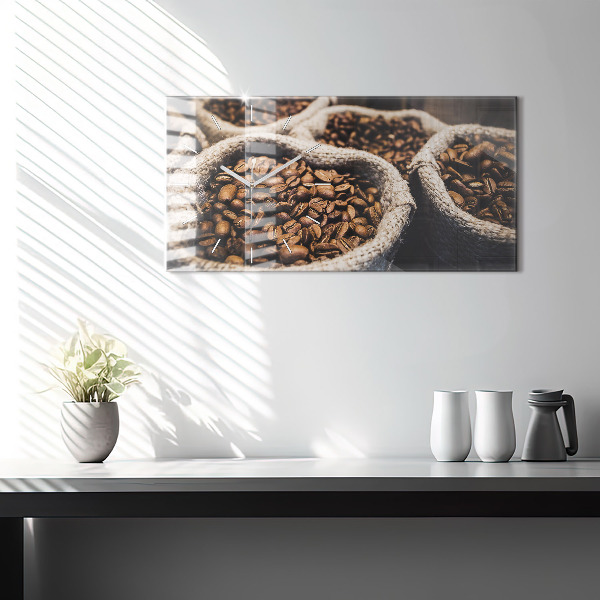 Horizontální skleněné hodiny na stěnu Pytle s kávou