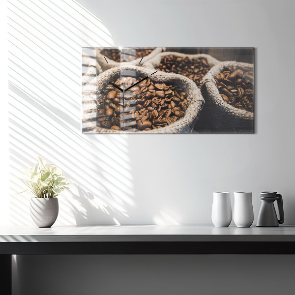 Horizontální skleněné hodiny na stěnu Pytle s kávou