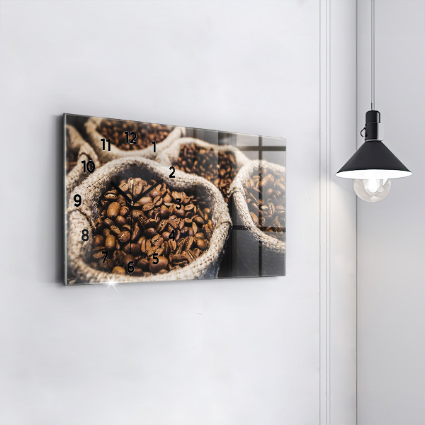 Horizontální skleněné hodiny na stěnu Pytle s kávou
