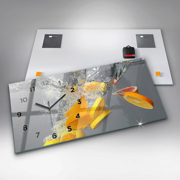 Horizontální skleněné hodiny na stěnu Citrusy ve vodě