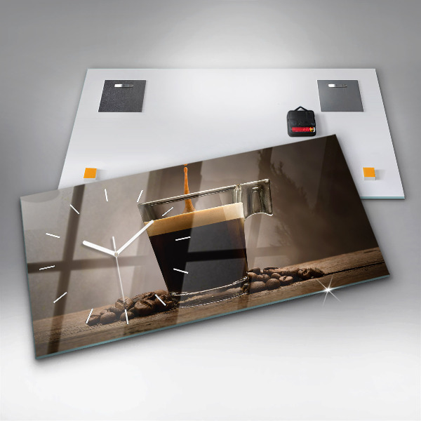 Horizontální skleněné hodiny na stěnu Hrnek s kávou