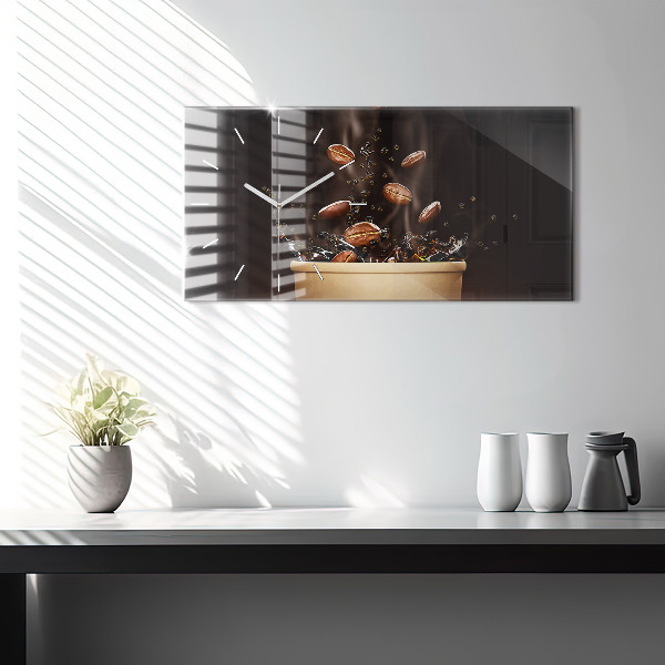 Horizontální skleněné hodiny na stěnu Horká káva