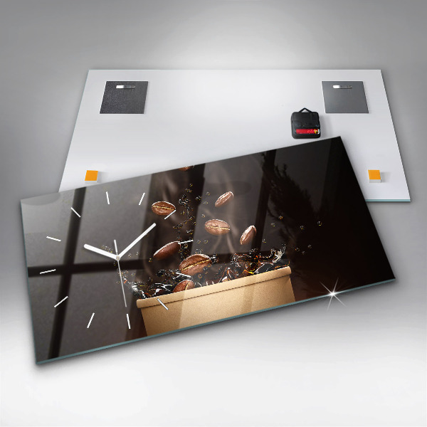 Horizontální skleněné hodiny na stěnu Horká káva