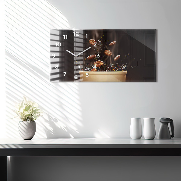 Horizontální skleněné hodiny na stěnu Horká káva