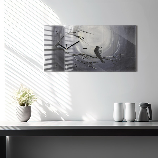 Horizontální skleněné hodiny na stěnu Havran v měsíčním světle