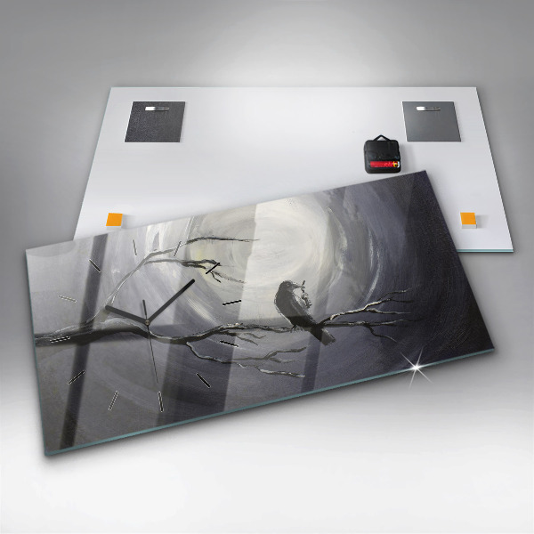 Horizontální skleněné hodiny na stěnu Havran v měsíčním světle