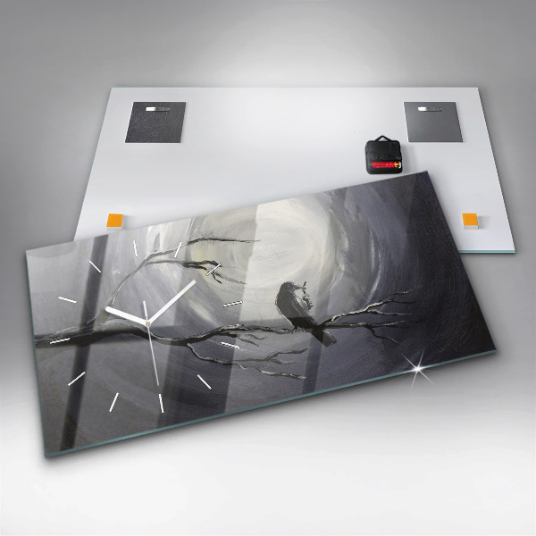 Horizontální skleněné hodiny na stěnu Havran v měsíčním světle