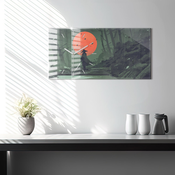 Horizontální skleněné hodiny na stěnu Samuraj v lese