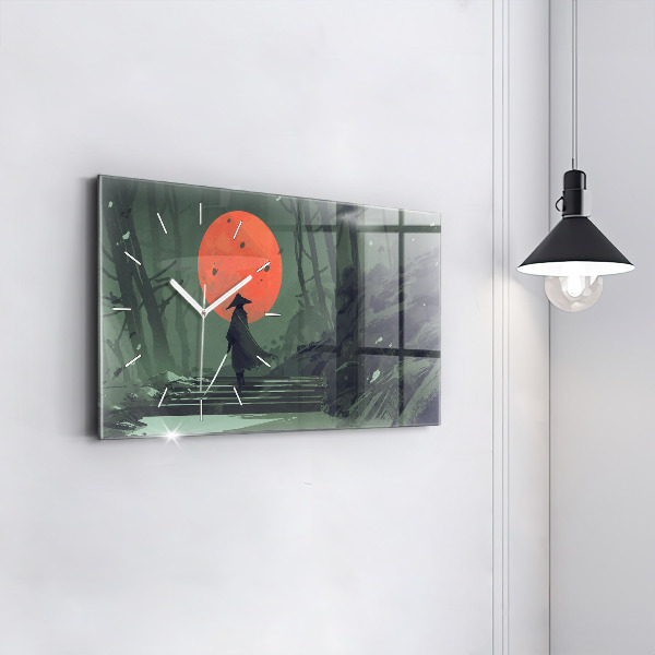 Horizontální skleněné hodiny na stěnu Samuraj v lese