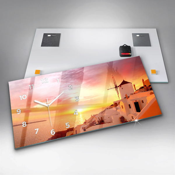 Horizontální hodiny na skle Starý větrný mlýn na Santorini