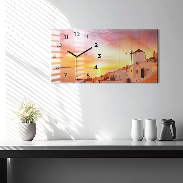 Horizontální hodiny na skle Starý větrný mlýn na Santorini