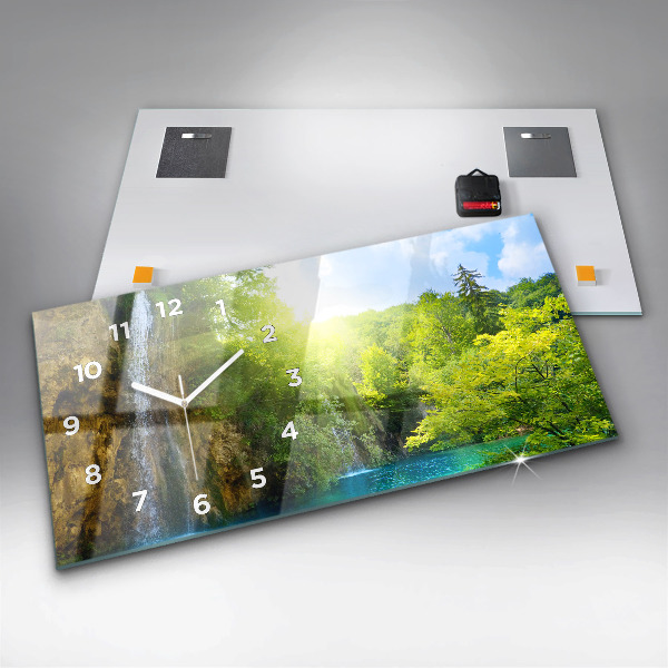 Horizontální hodiny na skle Krajina s lagunou