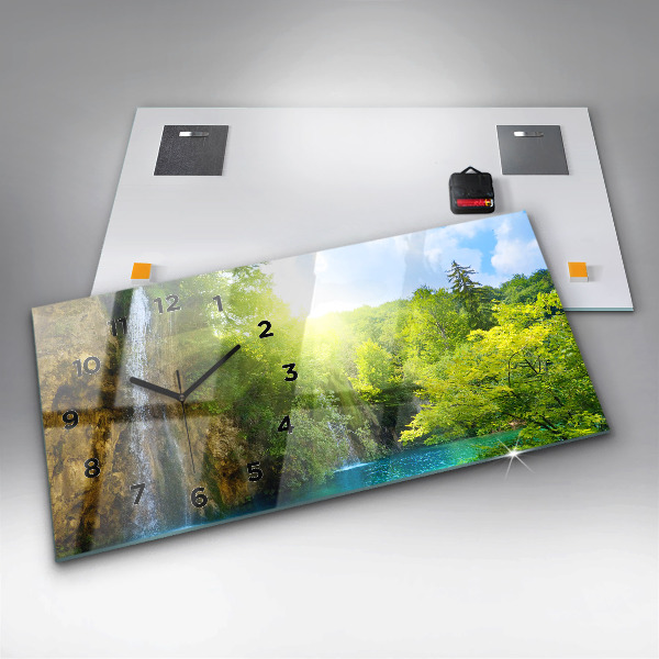 Horizontální hodiny na skle Krajina s lagunou
