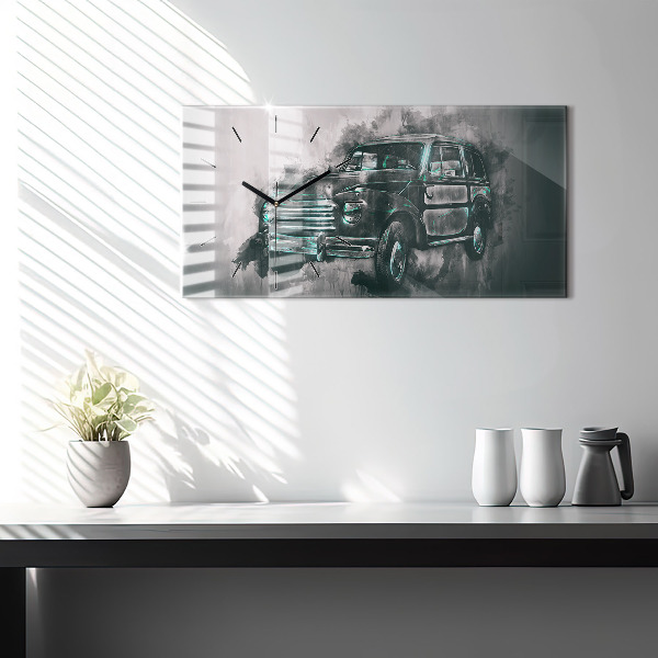 Horizontální hodiny na skle Oldschoolové auto