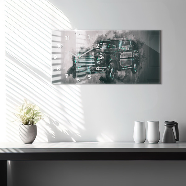 Horizontální hodiny na skle Oldschoolové auto