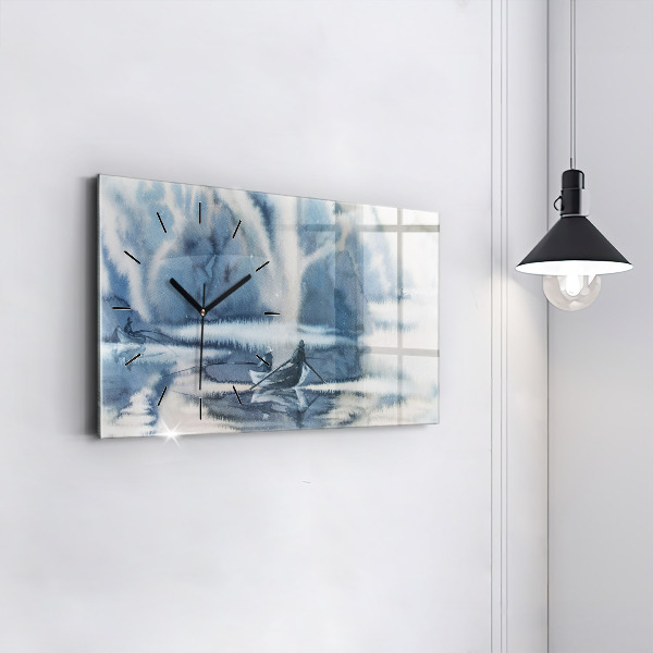 Horizontální hodiny na skle Zimní jezero Loď