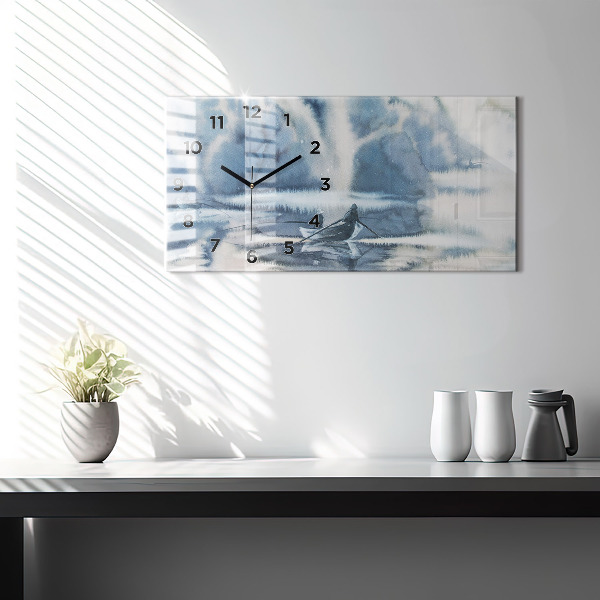 Horizontální hodiny na skle Zimní jezero Loď