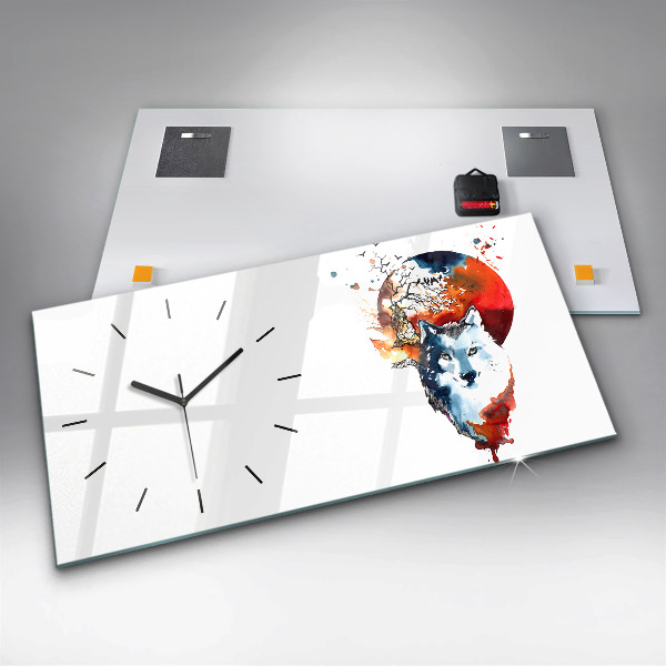 Horizontální hodiny na skle Vlkodlak v úplňku a Luna