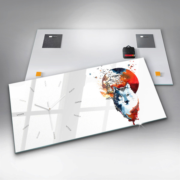 Horizontální hodiny na skle Vlkodlak v úplňku a Luna