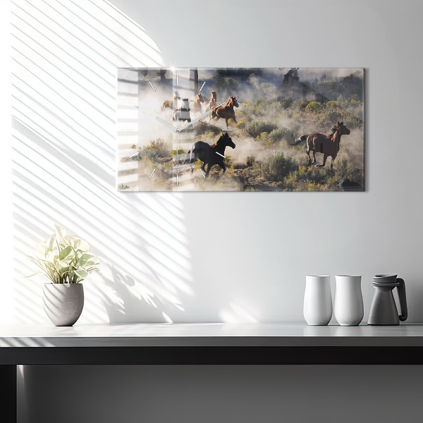 Horizontální hodiny na skle Stádo splašených koní