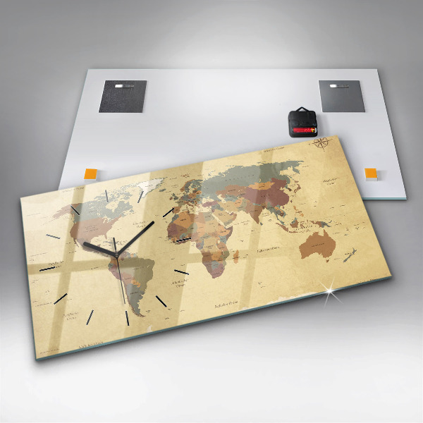 Horizontální hodiny na skle Mapa světa ve vintage stylu