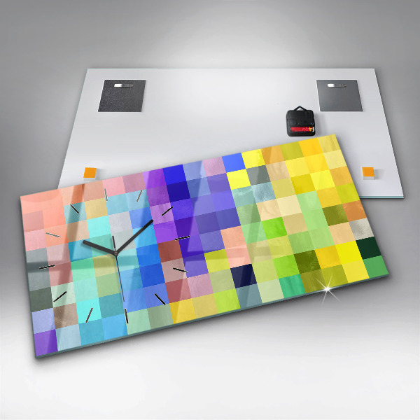 Horizontální hodiny na skle Kompozice čtverců