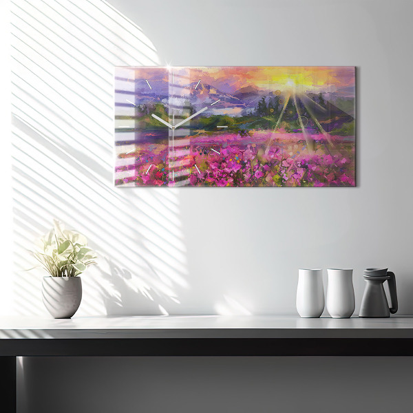 Horizontální hodiny na skle Louka při západu slunce