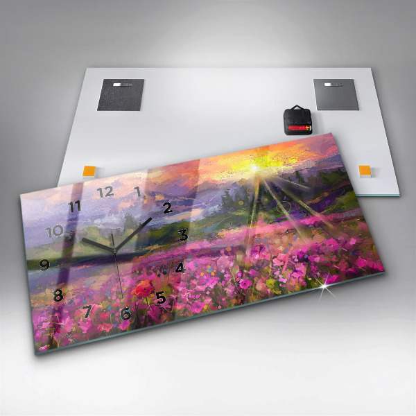 Horizontální hodiny na skle Louka při západu slunce