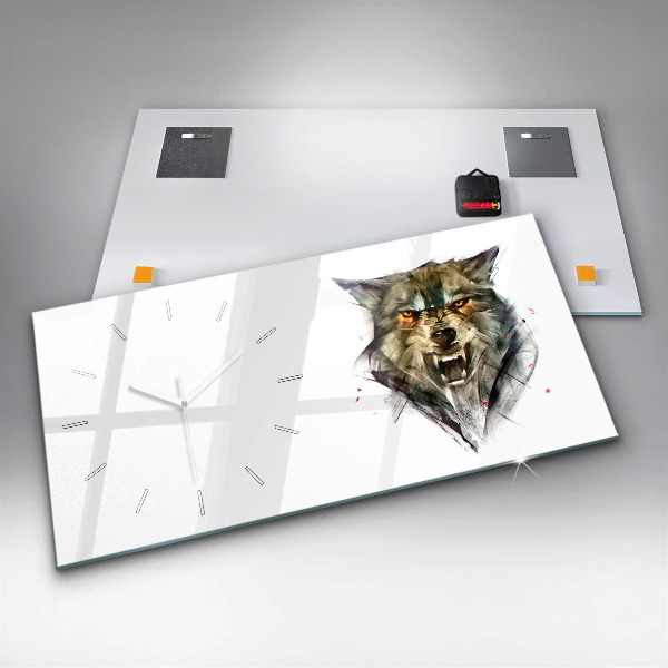 Horizontální skleněné hodiny na stěnu Kreslený portrét vlka