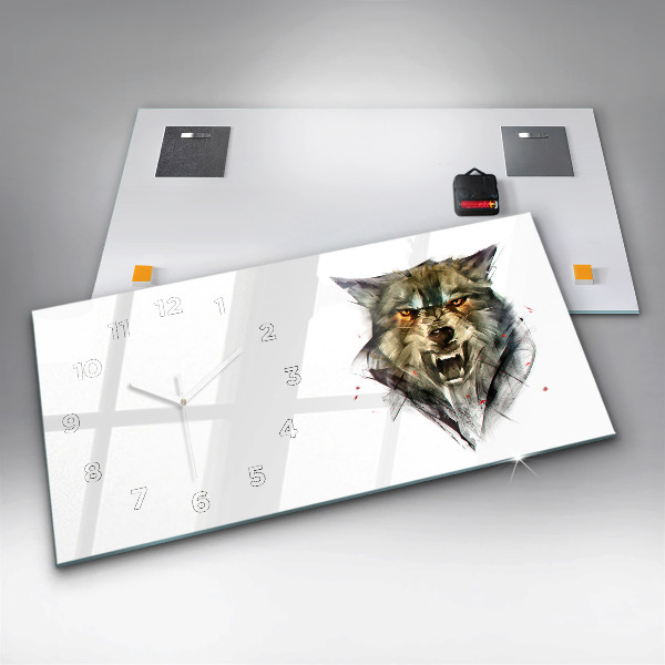 Horizontální skleněné hodiny na stěnu Kreslený portrét vlka