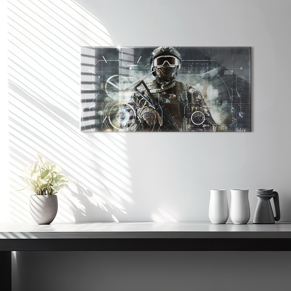 Horizontální skleněné hodiny na stěnu Voják se zbraní