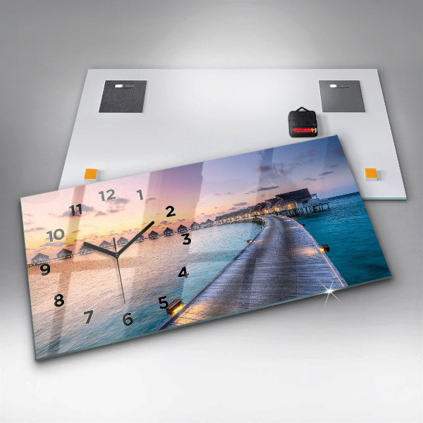 Horizontální skleněné hodiny na stěnu Západ slunce na Maledivách