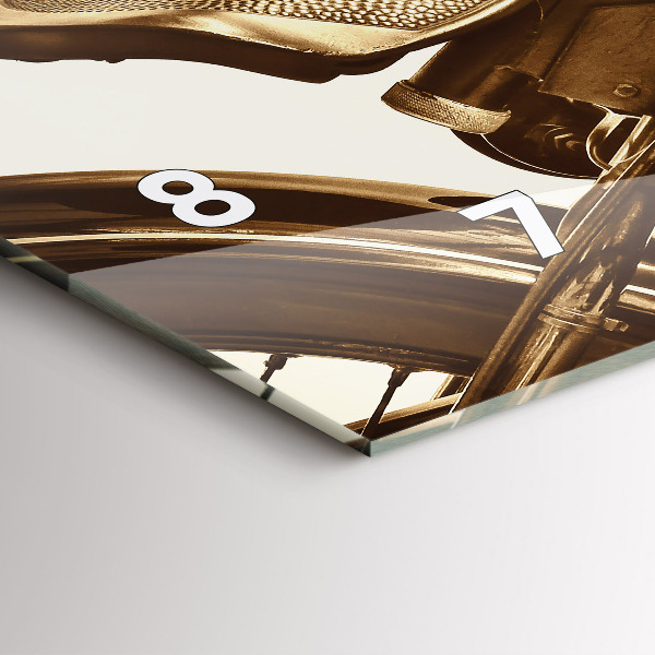 Horizontální skleněné hodiny na stěnu Sépiový motocykl Vintage