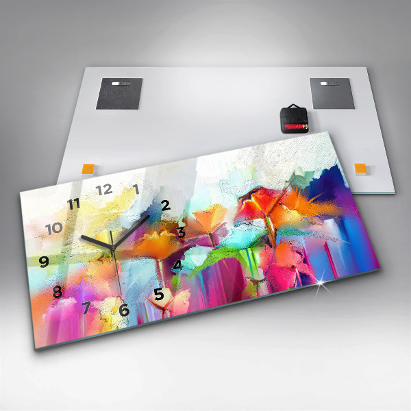 Horizontální skleněné hodiny na stěnu Abstraktní květiny