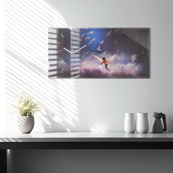Horizontální skleněné hodiny na stěnu Chlapec s křídly