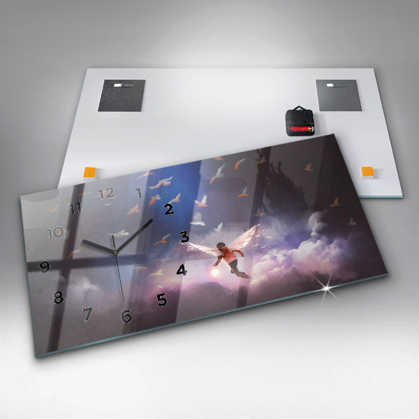 Horizontální skleněné hodiny na stěnu Chlapec s křídly