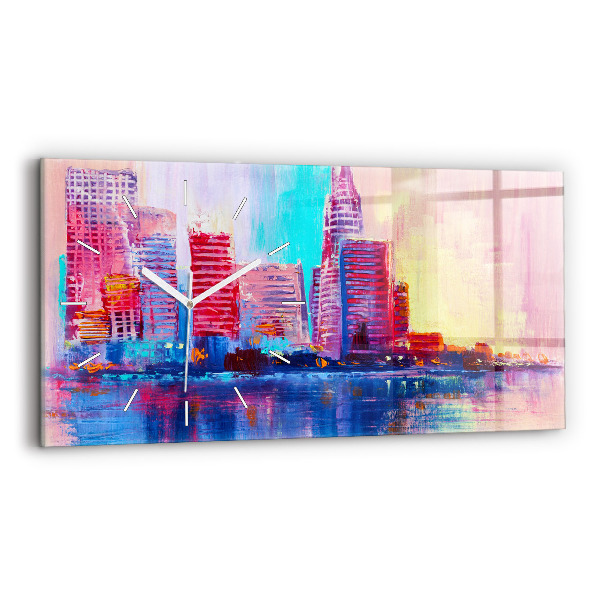 Horizontální skleněné hodiny na stěnu Abstraktní mrakodrapy