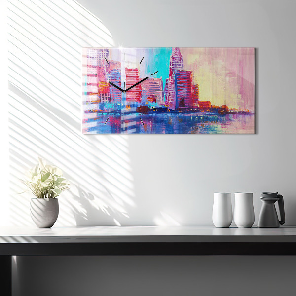 Horizontální skleněné hodiny na stěnu Abstraktní mrakodrapy