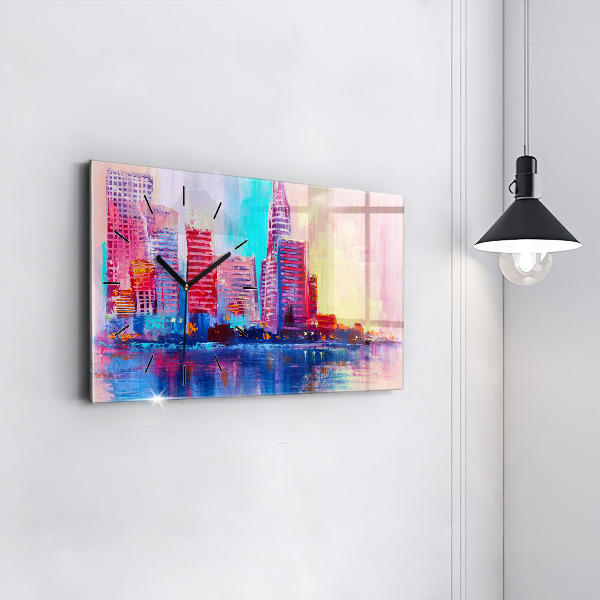 Horizontální skleněné hodiny na stěnu Abstraktní mrakodrapy