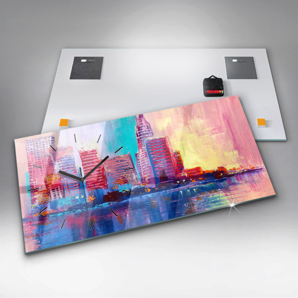 Horizontální skleněné hodiny na stěnu Abstraktní mrakodrapy