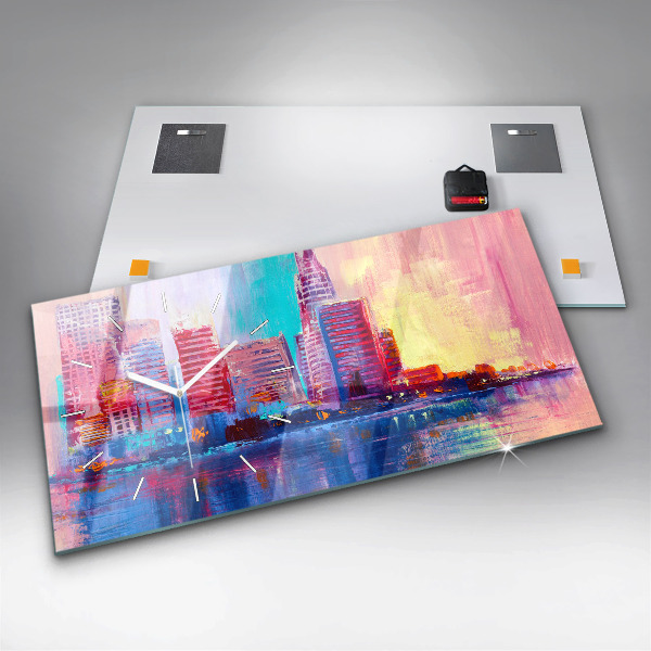 Horizontální skleněné hodiny na stěnu Abstraktní mrakodrapy