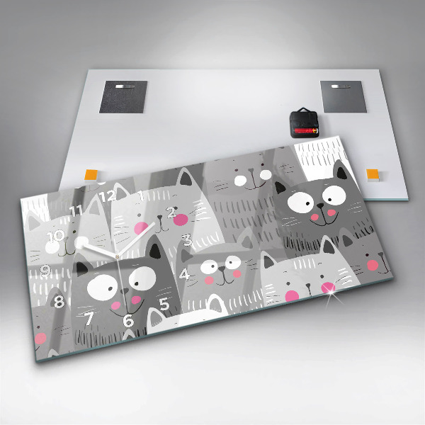 Horizontální skleněné hodiny na stěnu Vzor s kočkami
