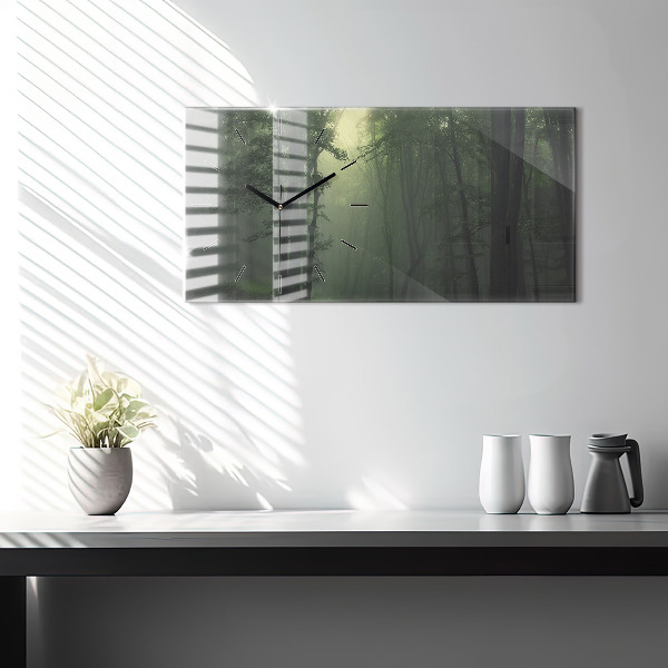 Horizontální hodiny na skle Mlžný les po ránu