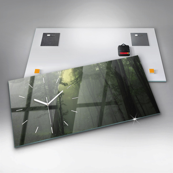 Horizontální hodiny na skle Mlžný les po ránu