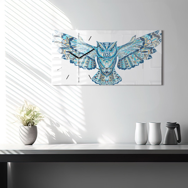 Horizontální skleněné hodiny na stěnu Sova v letu